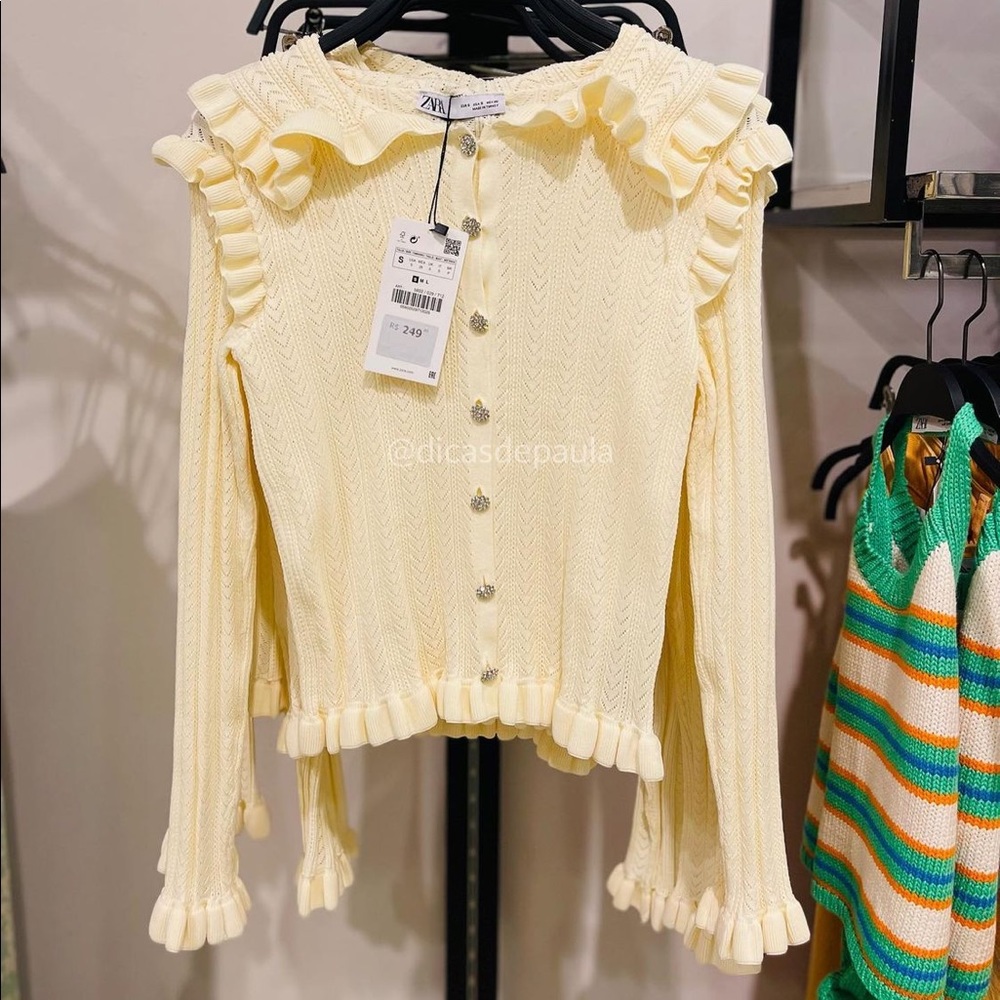Zara Ecru ruffle jewel button cardigan